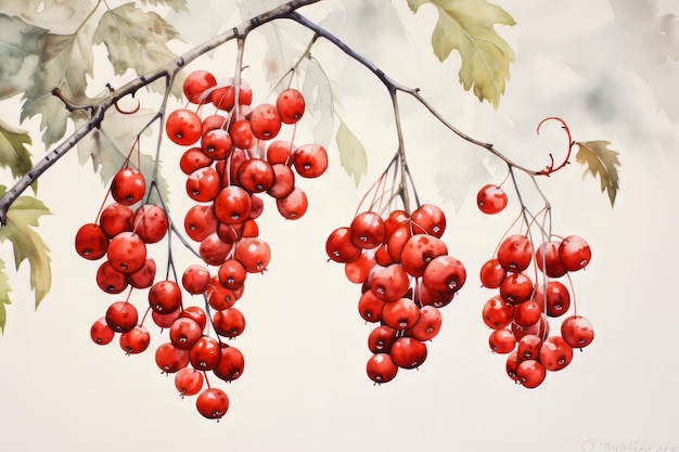 Watercolor painting of red berries that are hanging from a tree