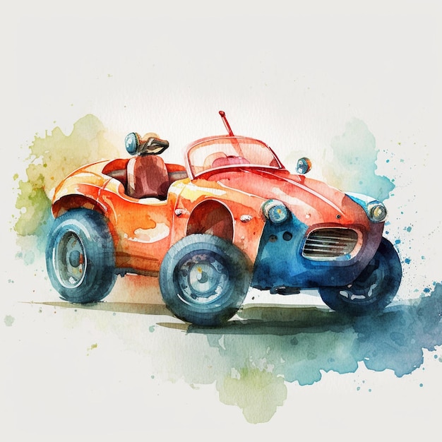 A watercolor painting of a red car with a blue seat.