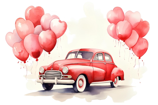 A watercolor painting of a red car with rosy hearts balloons