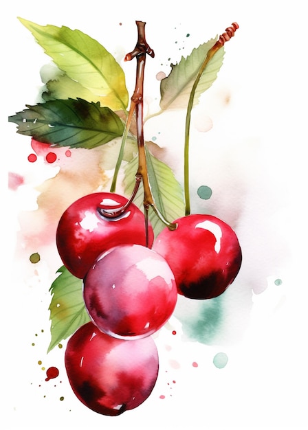 Watercolor painting of a red cherries with green leaves