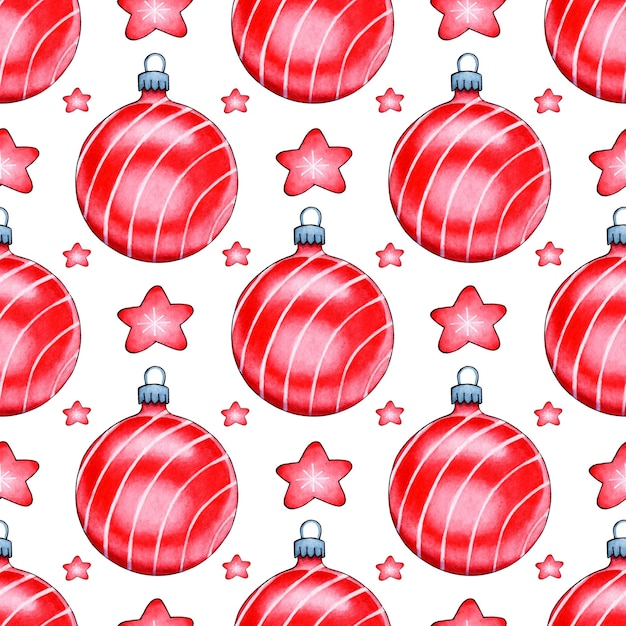 Watercolor painting of red Christmas balls and stars Seamless repeating print New Year Christmas