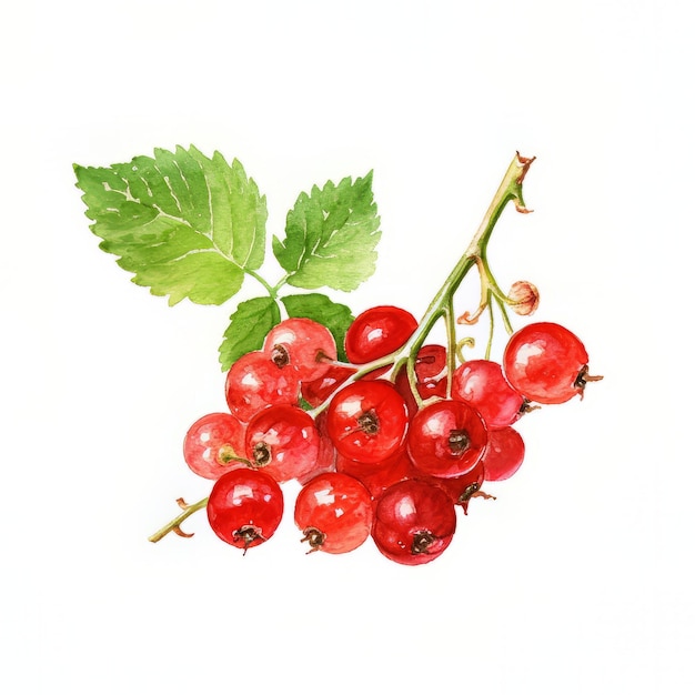 A watercolor painting of a red currant with a green leaf.