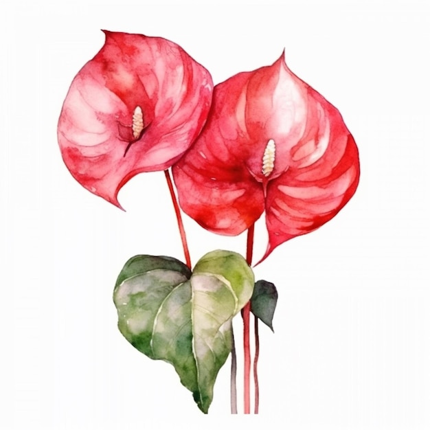 A watercolor painting of a red flower with green leaves.