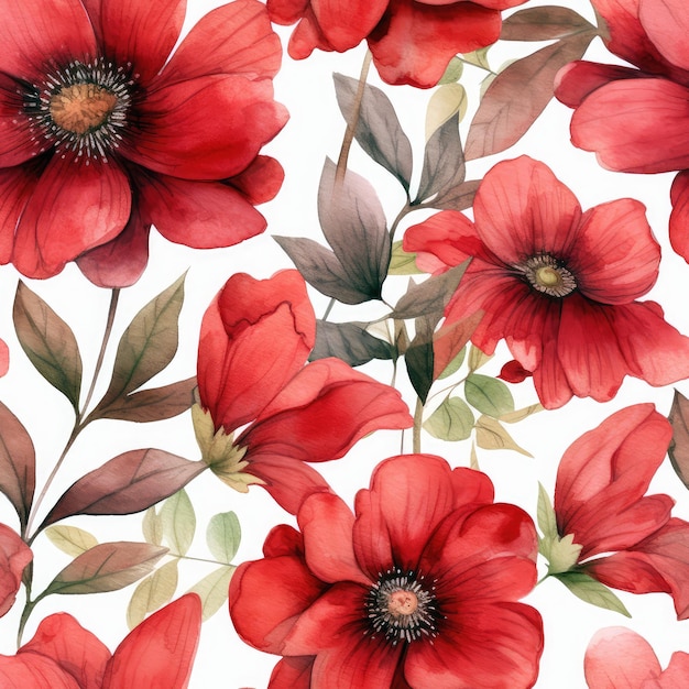 A watercolor painting of red flowers with leaves and flowers.