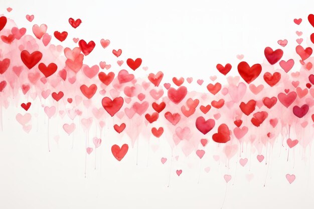 Watercolor painting of red hearts scattered on a white background