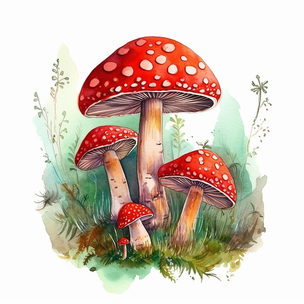 A watercolor painting of a red mushroom with a white spot on the top.