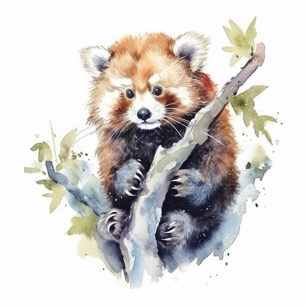 Watercolor painting of a red panda on a branch