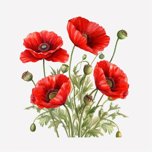 Photo a watercolor painting of red poppies with green leaves.