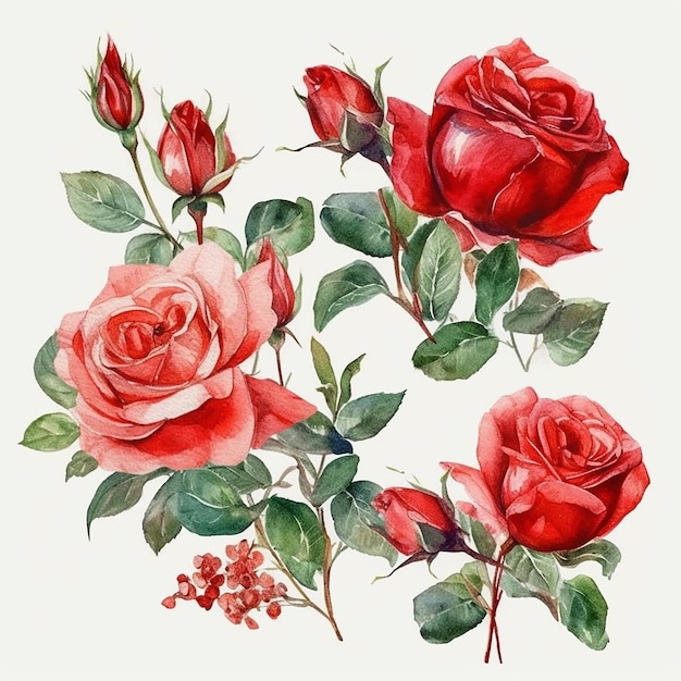 Premium Photo | A watercolor painting of red roses with green leaves