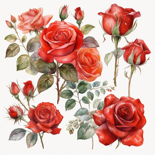 A watercolor painting of red roses with green leaves