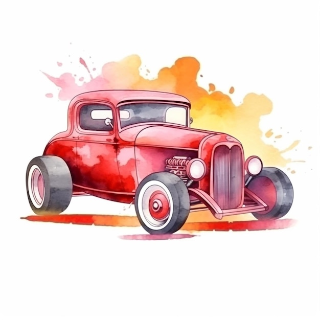 Акварельная картина красного старинного автомобиля.