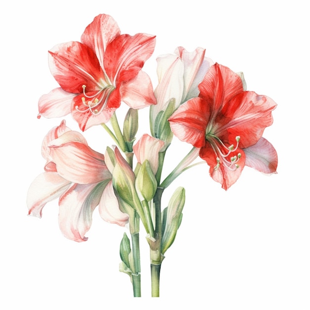 A watercolor painting of a red and white lily flower.