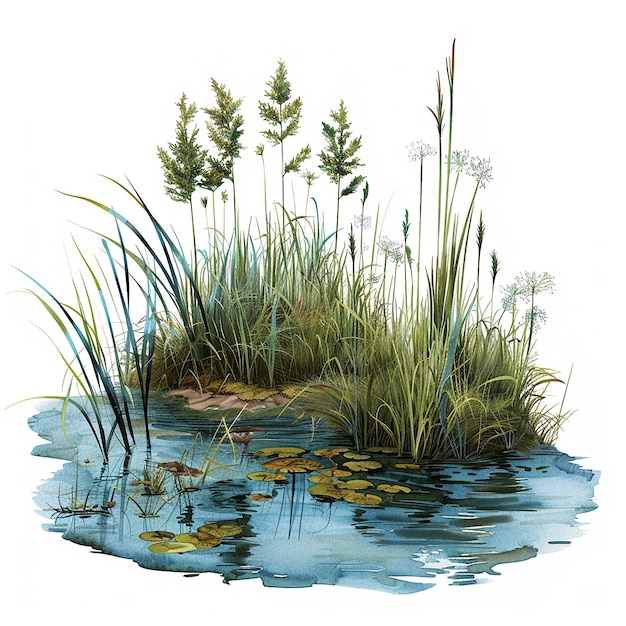 a watercolor painting of reeds and grass in a pond