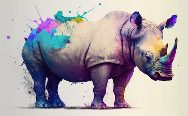 A watercolor painting of a rhinoceros. watercolor illustrations for kids cartoon style ai generated