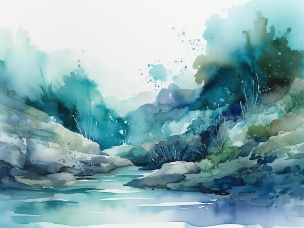 Watercolor painting of a river in the forest