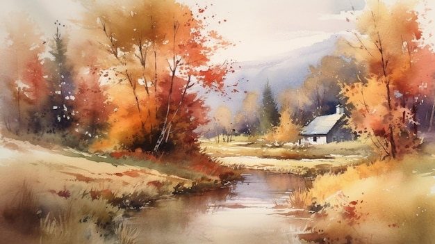 A watercolor painting of a river scene with a house in the background.