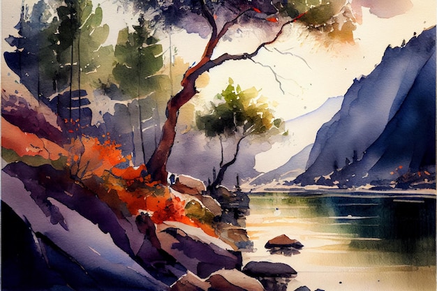 A watercolor painting of a river scene with mountains in the background.