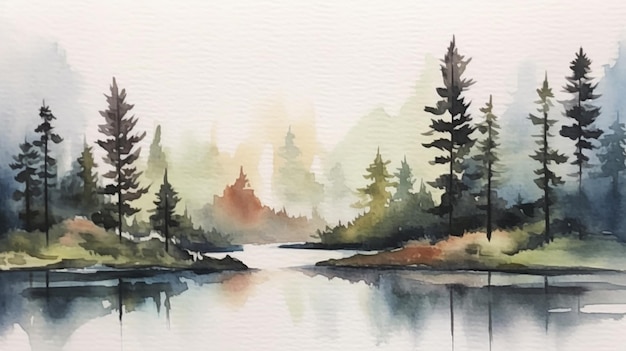 Watercolor painting of a river scene with trees and watercolors.