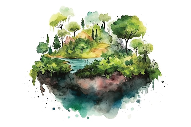 A watercolor painting of a river surrounded by trees.