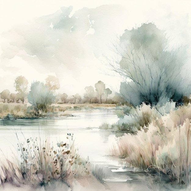 A watercolor painting of a river with grass and trees.