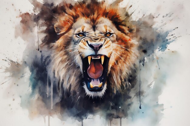 Watercolor painting of a roaring lion with open mouth on colorful abstract background