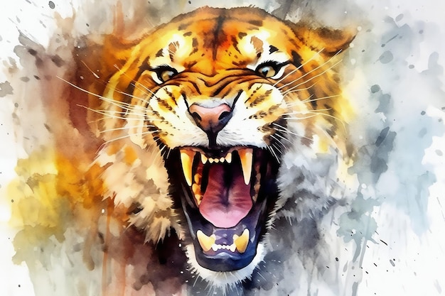 Watercolor painting of a roaring tiger with open mouth on colorful abstract background