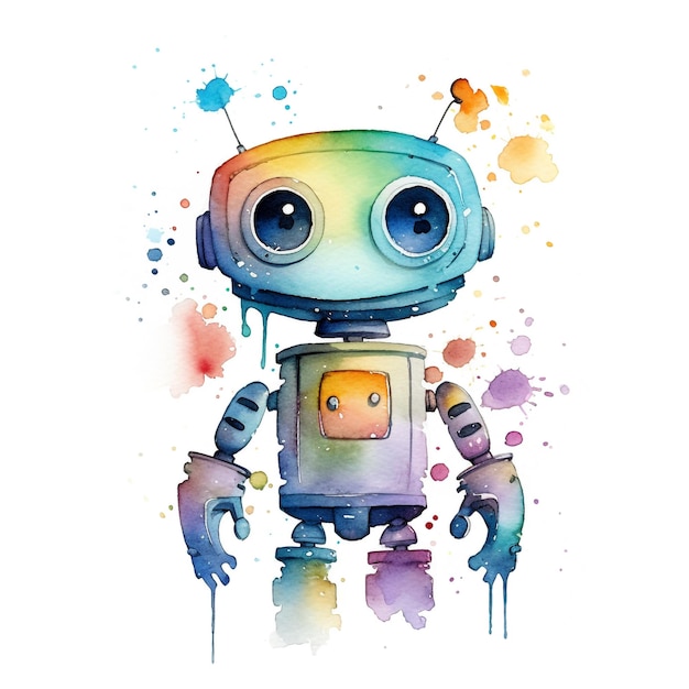 A watercolor painting of a robot with a big smile.