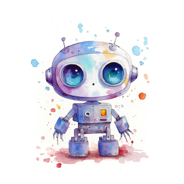 A watercolor painting of a robot with blue eyes.