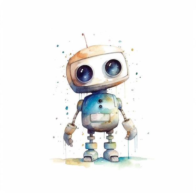 A watercolor painting of a robot with blue eyes.