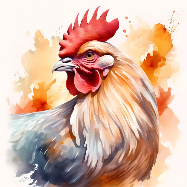 A watercolor painting of a rooster with leaves