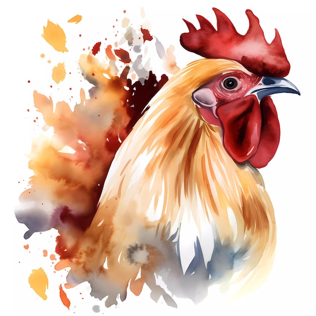 A watercolor painting of a rooster with leaves