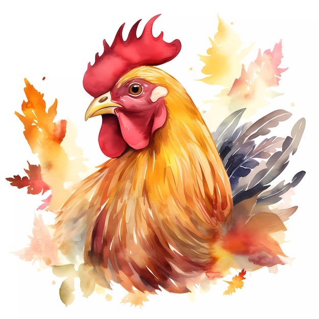 A watercolor painting of a rooster with leaves