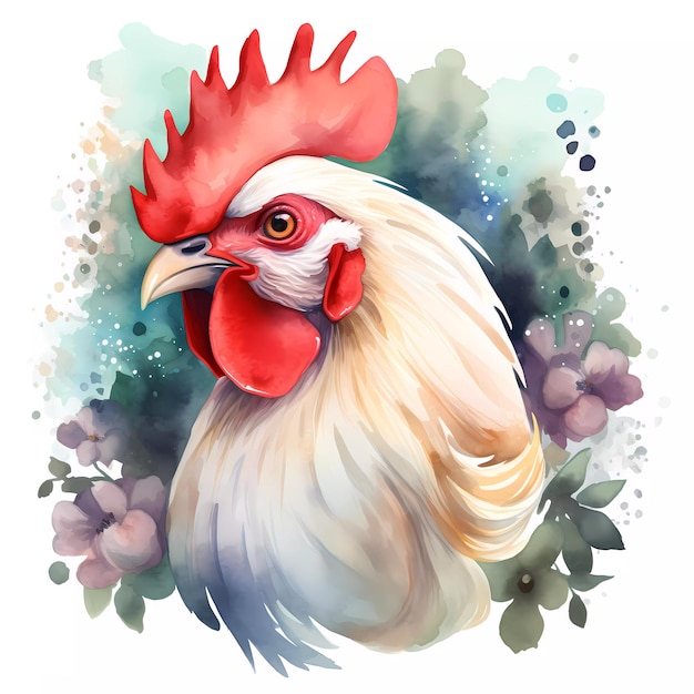 A watercolor painting of a rooster with leaves