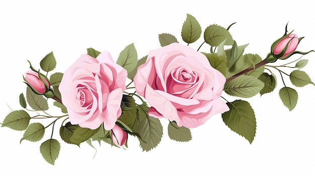 Watercolor painting of roses Beautiful floral branch on white background