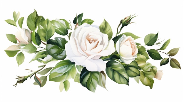 Watercolor painting of roses Flower white rose and green leaves floral branch on white background