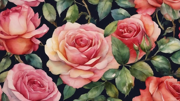 A watercolor painting of roses and leaves