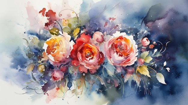 A watercolor painting of roses with a blue background.