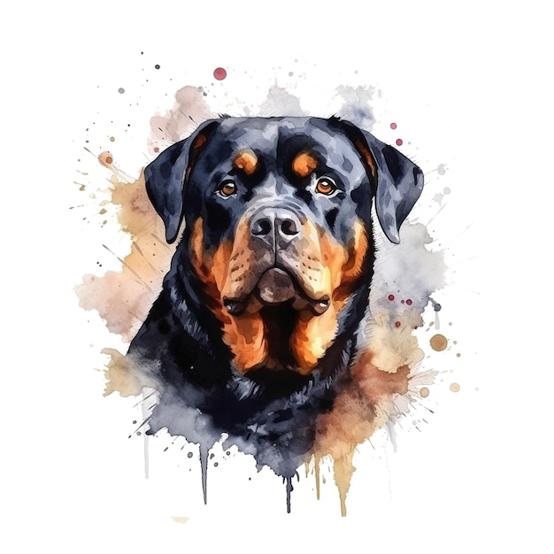 A watercolor painting of a rottweiler sitting on a white background.