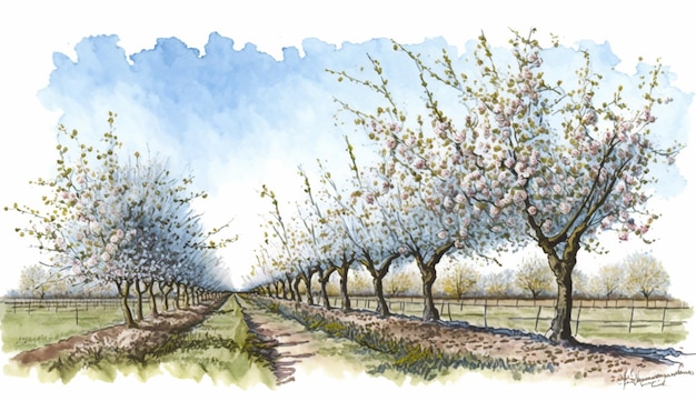 A watercolor painting of a row of cherry trees.