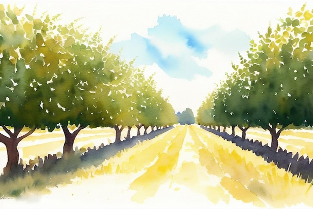 Watercolor painting Rows of green trees in an orchard