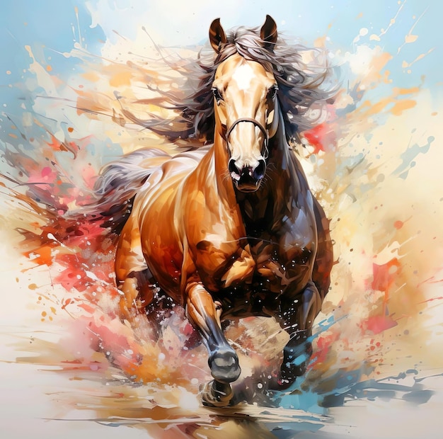 Watercolor painting of running horse with splash of water