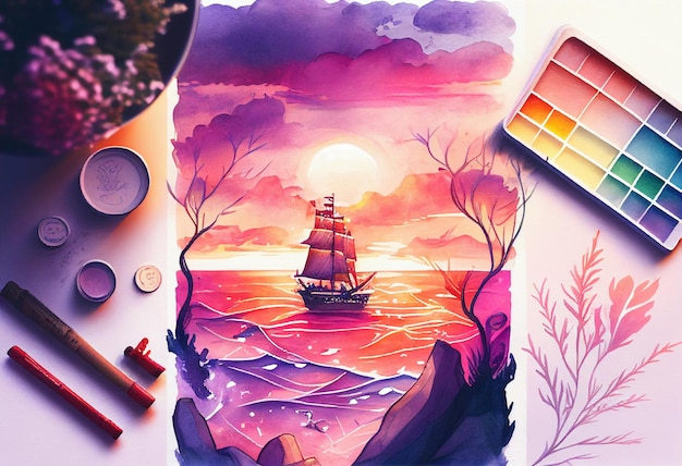 夕焼けの海に浮かぶ帆船の水彩画 生成AI