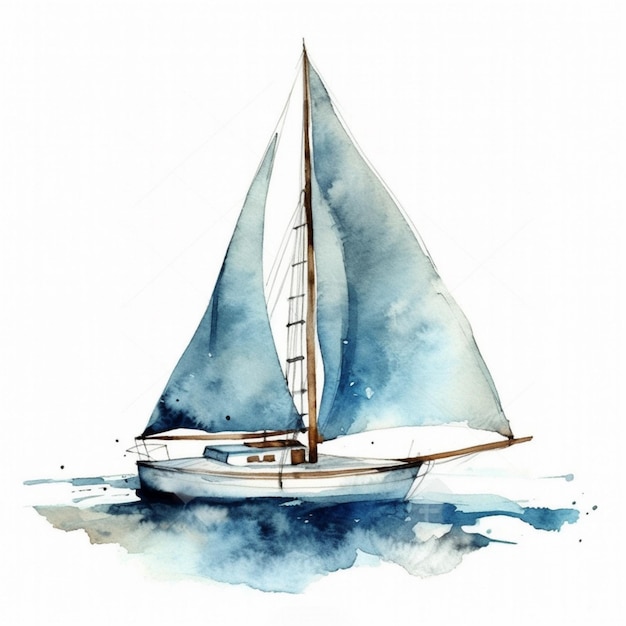 「帆」という文字が描かれた帆船の水彩画。