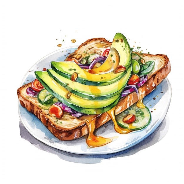 A watercolor painting of a sandwich with avocado and tomato.