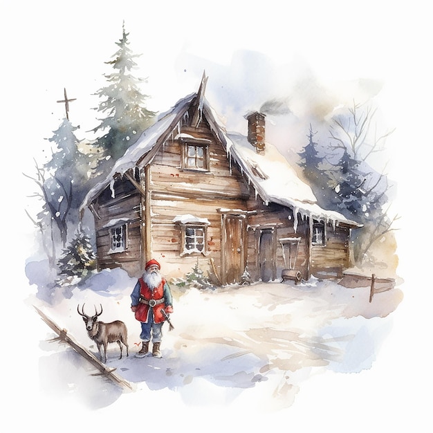 A watercolor painting of a santa claus with a reindeer in the snow.