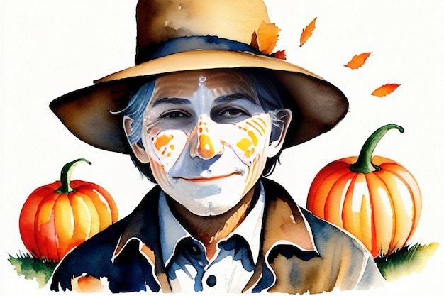 Watercolor painting Scarecrow in a hat with a human face of an old man ripe pumpkins