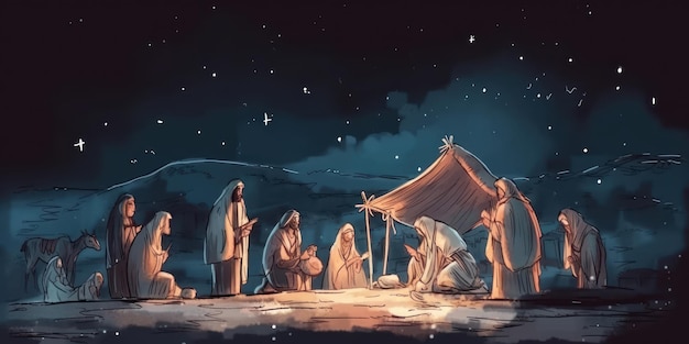 Watercolor painting of a scene from the nativity of Jesus