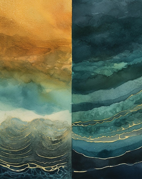 A watercolor painting of a sea and sky with a blue and gold background