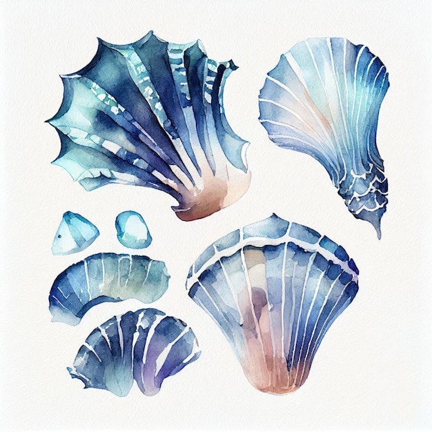 A watercolor painting of a seashells with a blue shell on it.