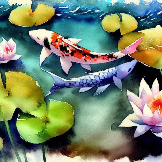 watercolor painting serene koi fish pond with lily pads